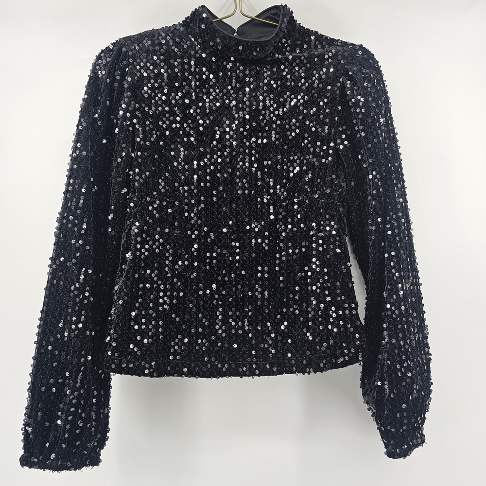 Black Sequin Long-Sleeve Mock‎ Neck Top Sparkle Ballon Sleeves Holiday SANCTUARY